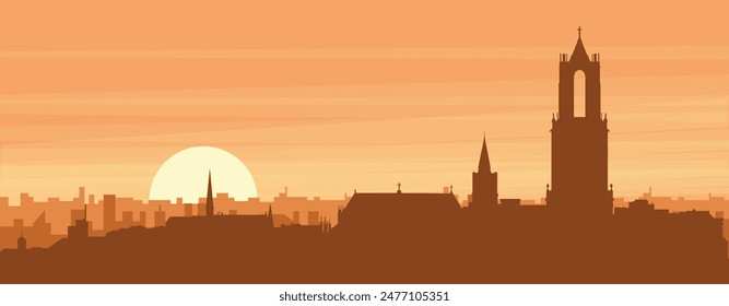 Brown panoramic poster of the city skyline with misty background buildings, sunrise, clouds and mountains of UTRECHT, NETHERLANDS