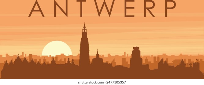 Brown panoramic poster of the city skyline with misty background buildings, sunrise, clouds and mountains of ANTWERP, BELGIUM