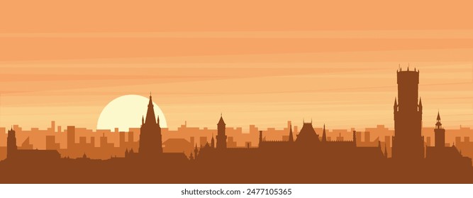 Brown panoramic poster of the city skyline with misty background buildings, sunrise, clouds and mountains of BRUGES, BELGIUM