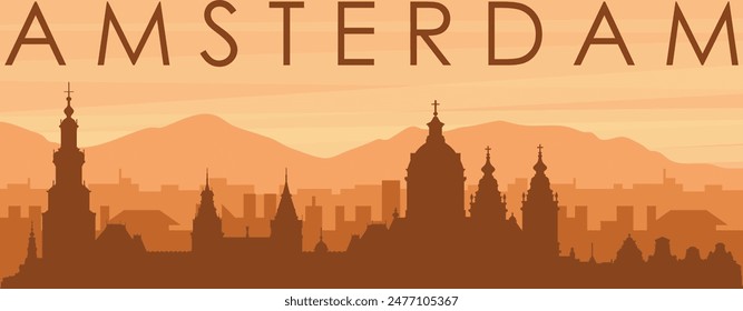 Brown panoramic poster of the city skyline with misty background buildings, sunrise, clouds and mountains of AMSTERDAM, NETHERLANDS