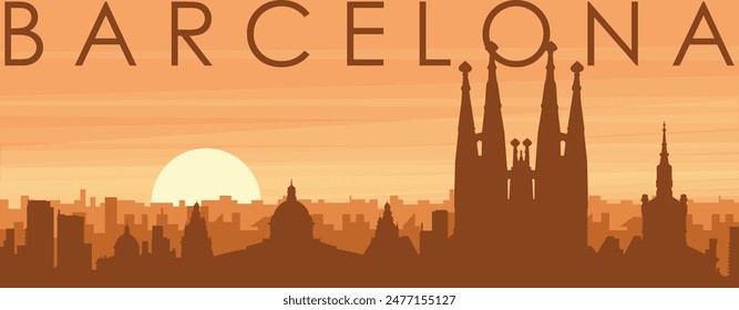 Brown panoramic poster of the city skyline with misty background buildings, sunrise, clouds and mountains of BARCELONA, SPAIN