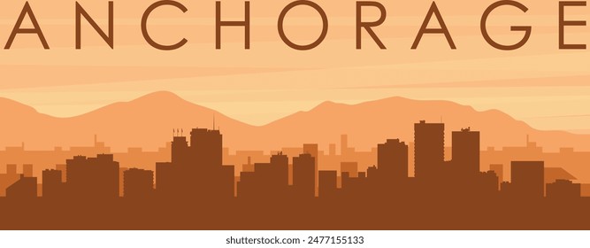 Brown panoramic poster of the city skyline with misty background buildings, sunrise, clouds and mountains of ANCHORAGE, UNITED STATES