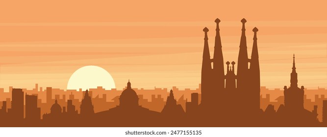 Brown panoramic poster of the city skyline with misty background buildings, sunrise, clouds and mountains of BARCELONA, SPAIN