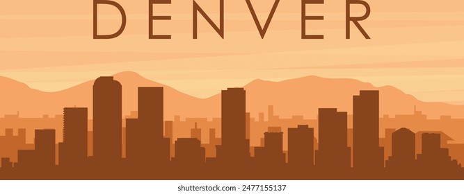 Afiche panorámico marrón del horizonte de la ciudad con edificios de fondo brumoso, amanecer, nubes y montañas de DENVER, ESTADOS UNIDOS