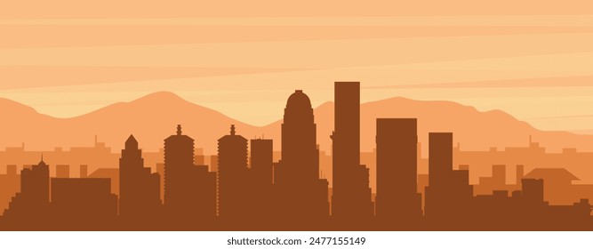 Brown panoramic poster of the city skyline with misty background buildings, sunrise, clouds and mountains of LOUISVILLE, UNITED STATES