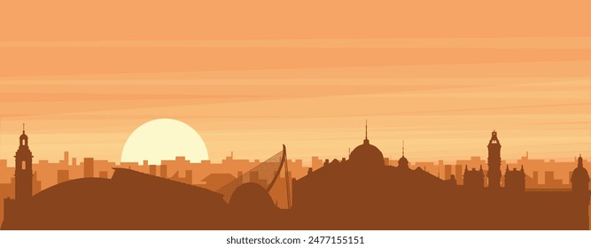 Brown panoramic poster of the city skyline with misty background buildings, sunrise, clouds and mountains of SAN DIEGO, UNITED STATES