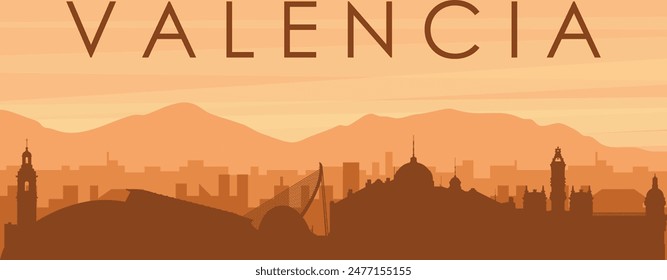 Brown panoramic poster of the city skyline with misty background buildings, sunrise, clouds and mountains of VALENCIA, SPAIN