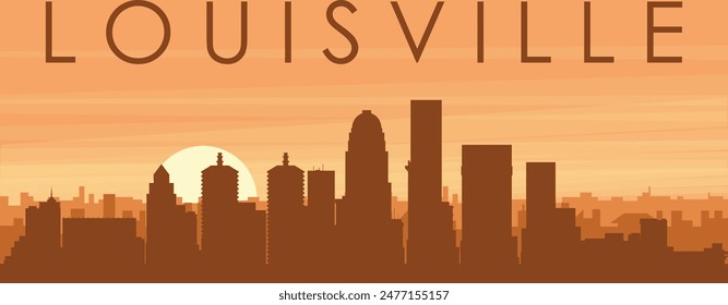 Brown panoramic poster of the city skyline with misty background buildings, sunrise, clouds and mountains of LOUISVILLE, UNITED STATES