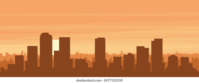 Brown panoramic poster of the city skyline with misty background buildings, sunrise, clouds and mountains of DENVER, UNITED STATES