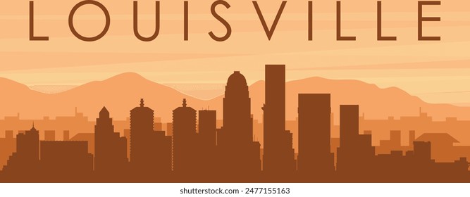 Brown panoramic poster of the city skyline with misty background buildings, sunrise, clouds and mountains of LOUISVILLE, UNITED STATES