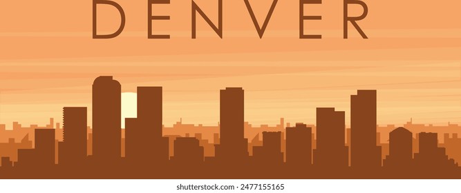 Brown panoramic poster of the city skyline with misty background buildings, sunrise, clouds and mountains of DENVER, UNITED STATES