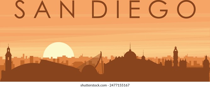 Brown panoramic poster of the city skyline with misty background buildings, sunrise, clouds and mountains of SAN DIEGO, UNITED STATES