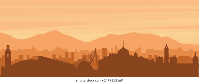 Brown panoramic poster of the city skyline with misty background buildings, sunrise, clouds and mountains of VALENCIA, SPAIN