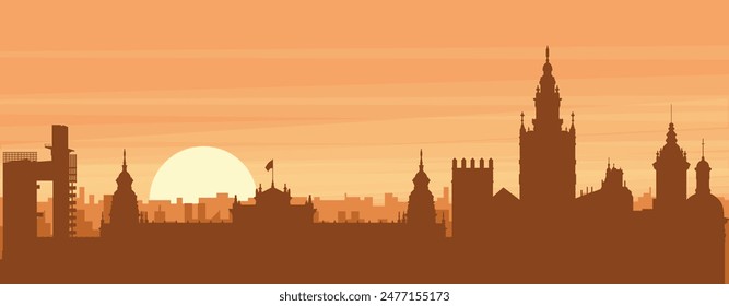 Brown panoramic poster of the city skyline with misty background buildings, sunrise, clouds and mountains of SEVILLE, SPAIN