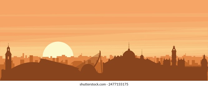 Brown panoramic poster of the city skyline with misty background buildings, sunrise, clouds and mountains of VALENCIA, SPAIN