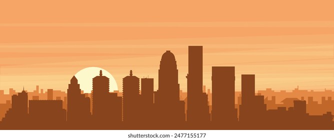 Brown panoramic poster of the city skyline with misty background buildings, sunrise, clouds and mountains of LOUISVILLE, UNITED STATES