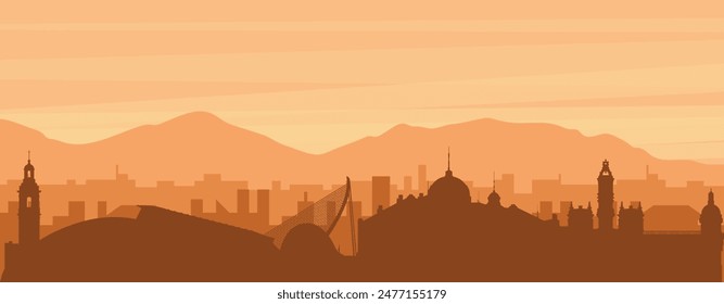 Brown panoramic poster of the city skyline with misty background buildings, sunrise, clouds and mountains of SAN DIEGO, UNITED STATES