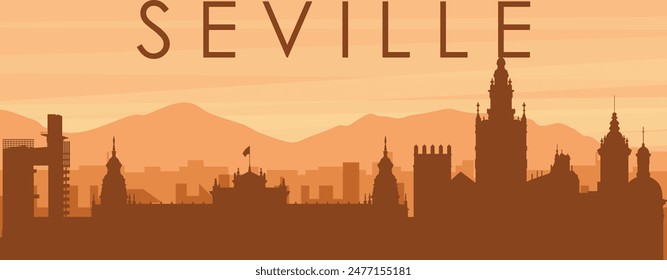 Brown panoramic poster of the city skyline with misty background buildings, sunrise, clouds and mountains of SEVILLE, SPAIN