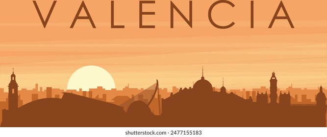 Brown panoramic poster of the city skyline with misty background buildings, sunrise, clouds and mountains of VALENCIA, SPAIN