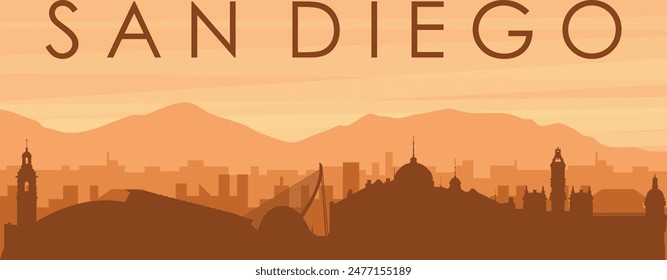 Brown panoramic poster of the city skyline with misty background buildings, sunrise, clouds and mountains of SAN DIEGO, UNITED STATES