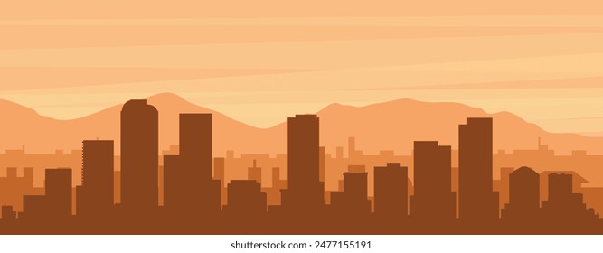 Brown panoramic poster of the city skyline with misty background buildings, sunrise, clouds and mountains of DENVER, UNITED STATES