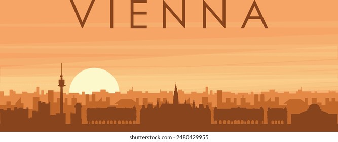 Brown panoramic poster of the city skyline with misty background buildings, sunrise, clouds and mountains of VIENNA, AUSTRIA