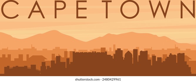 Brown panoramic poster of the city skyline with misty background buildings, sunrise, clouds and mountains of CAPE TOWN, SOUTH AFRICA