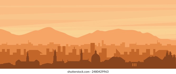 Brown panoramic poster of the city skyline with misty background buildings, sunrise, clouds and mountains of COPENHAGEN, DENMARK
