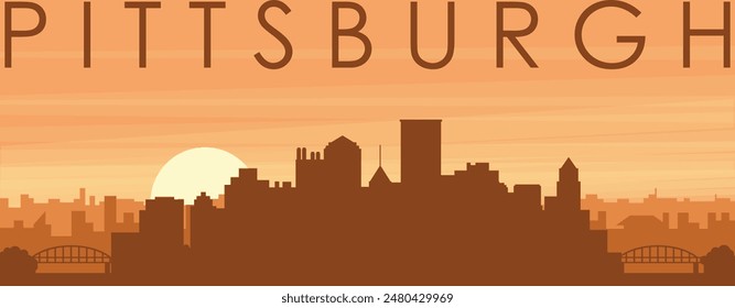 Brown panoramic poster of the city skyline with misty background buildings, sunrise, clouds and mountains of PITTSBURGH, UNITED STATES