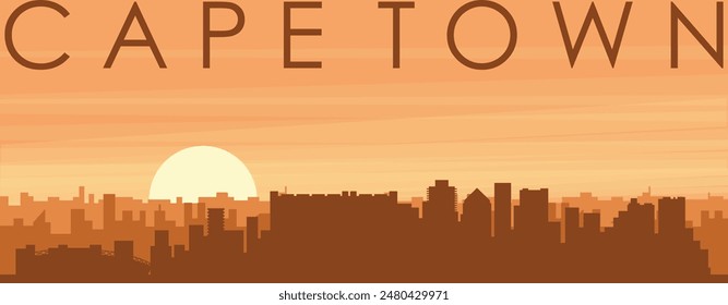 Brown panoramic poster of the city skyline with misty background buildings, sunrise, clouds and mountains of CAPE TOWN, SOUTH AFRICA