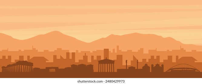 Brown panoramic poster of the city skyline with misty background buildings, sunrise, clouds and mountains of ATHENS, GREECE