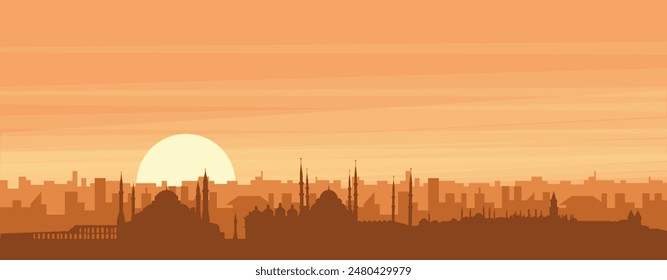 Brown panoramic poster of the city skyline with misty background buildings, sunrise, clouds and mountains of ISTANBUL, TURKEY