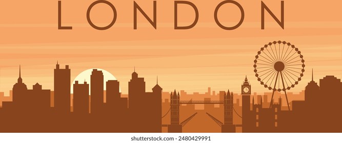 Brown panoramic poster of the city skyline with misty background buildings, sunrise, clouds and mountains of LONDON, UNITED KINGDOM