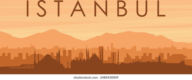 Brown panoramic poster of the city skyline with misty background buildings, sunrise, clouds and mountains of ISTANBUL, TURKEY