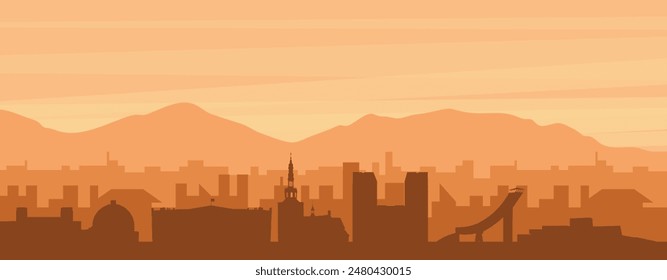 Brown panoramic poster of the city skyline with misty background buildings, sunrise, clouds and mountains of OSLO, NORWAY