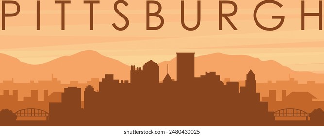 Brown panoramic poster of the city skyline with misty background buildings, sunrise, clouds and mountains of PITTSBURGH, UNITED STATES