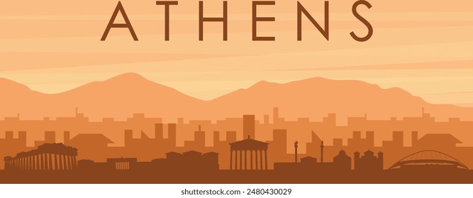 Brown panoramic poster of the city skyline with misty background buildings, sunrise, clouds and mountains of ATHENS, GREECE