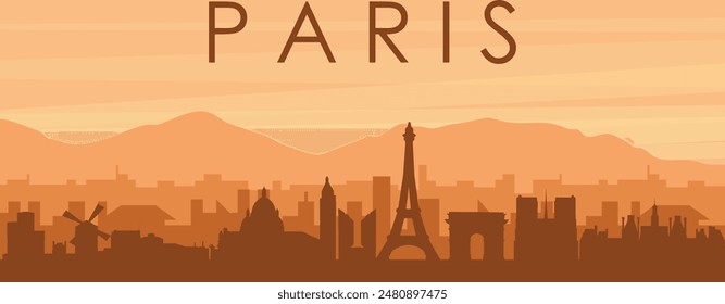 Brown panoramic poster of the city skyline with misty background buildings, sunrise, clouds and mountains of PARIS, FRANCE