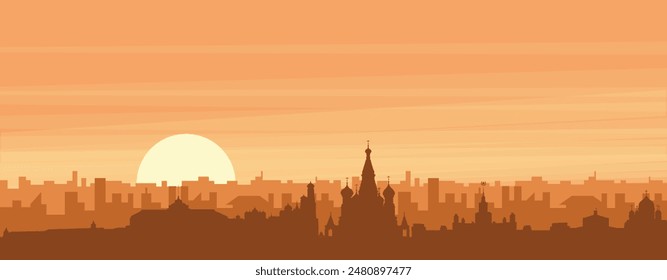 Brown panoramic poster of the city skyline with misty background buildings, sunrise, clouds and mountains of MOSCOW, RUSSIA