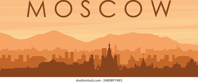 Brown panoramic poster of the city skyline with misty background buildings, sunrise, clouds and mountains of MOSCOW, RUSSIA