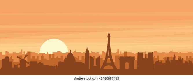 Brown panoramic poster of the city skyline with misty background buildings, sunrise, clouds and mountains of PARIS, FRANCE