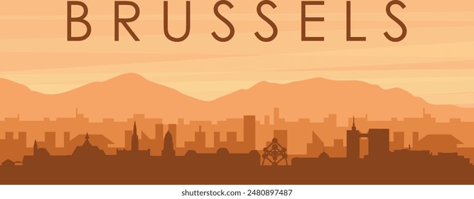 Brown panoramic poster of the city skyline with misty background buildings, sunrise, clouds and mountains of BRUSSELS, BELGIUM