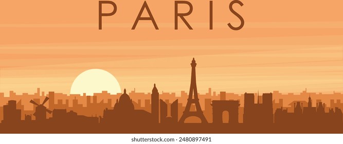 Brown panoramic poster of the city skyline with misty background buildings, sunrise, clouds and mountains of PARIS, FRANCE