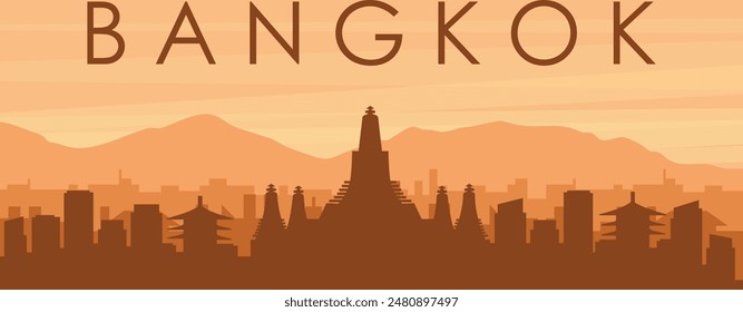 Brown panoramic poster of the city skyline with misty background buildings, sunrise, clouds and mountains of BANGKOK, THAILAND