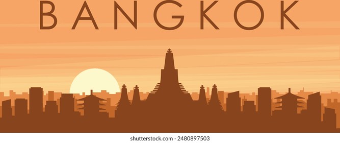 Brown panoramic poster of the city skyline with misty background buildings, sunrise, clouds and mountains of BANGKOK, THAILAND