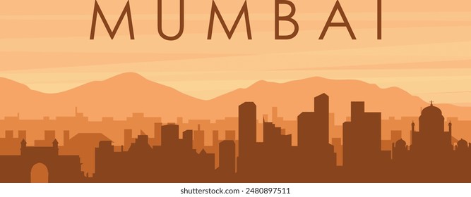 Brown panoramic poster of the city skyline with misty background buildings, sunrise, clouds and mountains of MUMBAI, INDIA