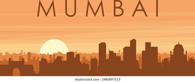 Brown panoramic poster of the city skyline with misty background buildings, sunrise, clouds and mountains of MUMBAI, INDIA