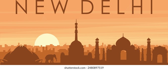 Brown panoramic poster of the city skyline with misty background buildings, sunrise, clouds and mountains of NEW DELHI, INDIA