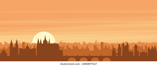 Brown panoramic poster of the city skyline with misty background buildings, sunrise, clouds and mountains of PRAGUE, CZECH REPUBLIC