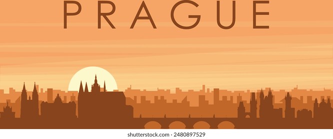 Brown panoramic poster of the city skyline with misty background buildings, sunrise, clouds and mountains of PRAGUE, CZECH REPUBLIC